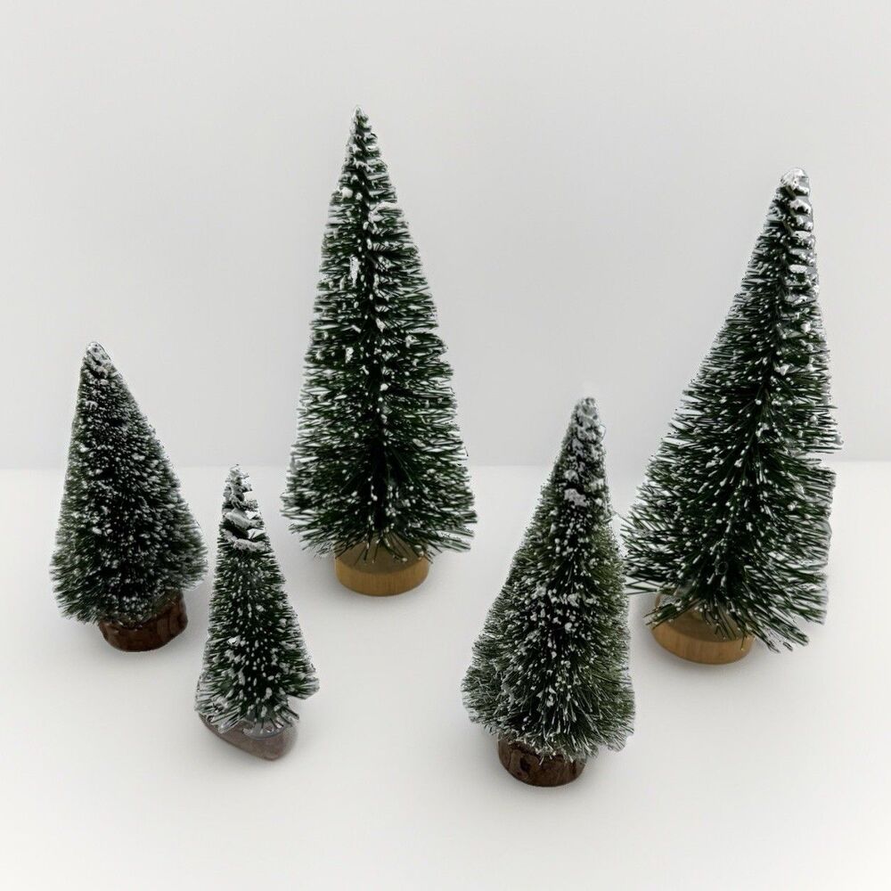 Lot of 5 Mini Snow-Covered Christmas Trees Tabletop Village Decor